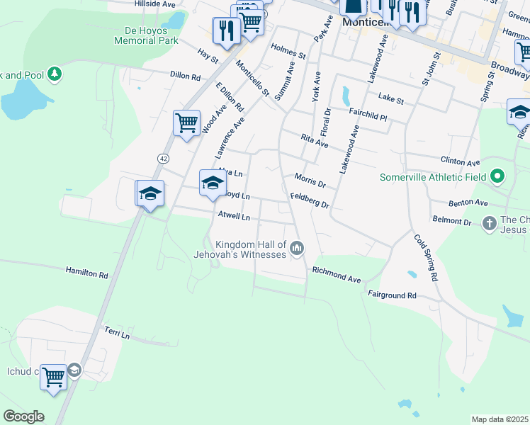 map of restaurants, bars, coffee shops, grocery stores, and more near 1 Burton Avenue in Monticello