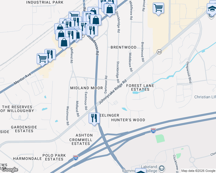 map of restaurants, bars, coffee shops, grocery stores, and more near 7506 Crossfield Road in Mentor