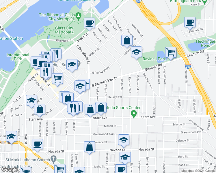 map of restaurants, bars, coffee shops, grocery stores, and more near 222 Plymouth Street in Toledo