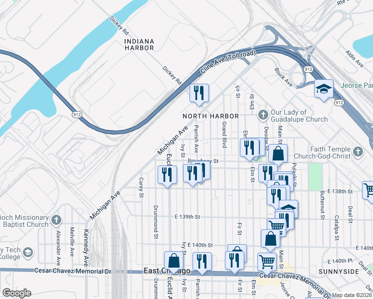 map of restaurants, bars, coffee shops, grocery stores, and more near 3603 Ivy Street in East Chicago