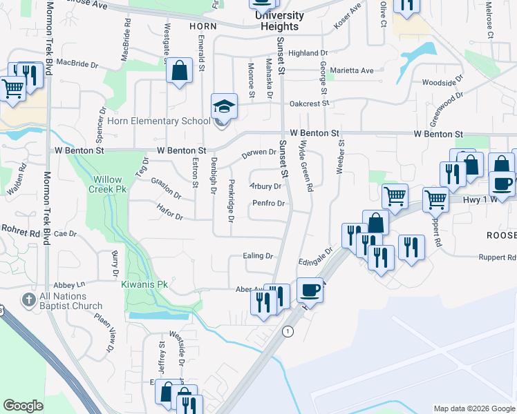 map of restaurants, bars, coffee shops, grocery stores, and more near 60 Penfro Dr in Iowa City