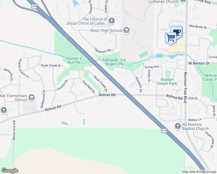 map of restaurants, bars, coffee shops, grocery stores, and more near 1252 Duck Creek Drive in Iowa City