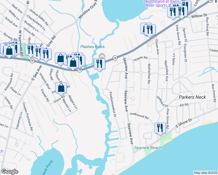 map of restaurants, bars, coffee shops, grocery stores, and more near 11 Squanto Road in Yarmouth