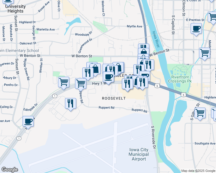 map of restaurants, bars, coffee shops, grocery stores, and more near 531 Highway 1 West in Iowa City