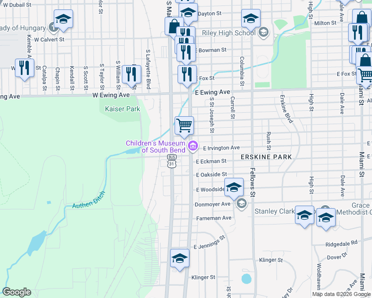 map of restaurants, bars, coffee shops, grocery stores, and more near 2609 South Michigan Street in South Bend