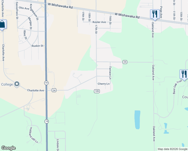 map of restaurants, bars, coffee shops, grocery stores, and more near 58303 County Road 105 in Elkhart