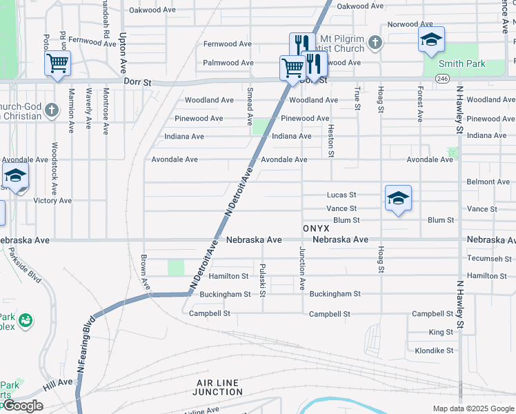 map of restaurants, bars, coffee shops, grocery stores, and more near 1504 Vance Street in Toledo