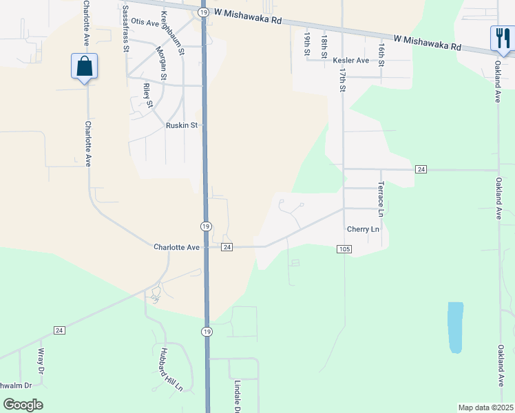 map of restaurants, bars, coffee shops, grocery stores, and more near 27833 County Road 24 in Elkhart
