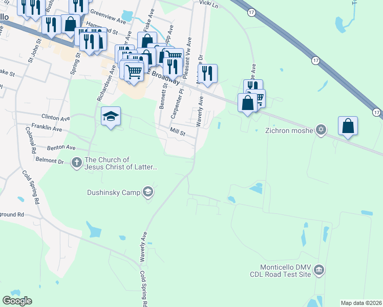 map of restaurants, bars, coffee shops, grocery stores, and more near 34/36 Waverly Avenue in Monticello