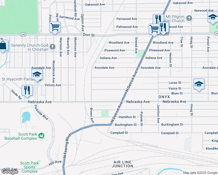 map of restaurants, bars, coffee shops, grocery stores, and more near 1662 Vance Street in Toledo