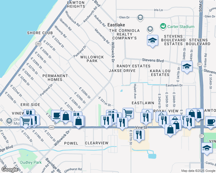 map of restaurants, bars, coffee shops, grocery stores, and more near 33256 Willowick Drive in Eastlake