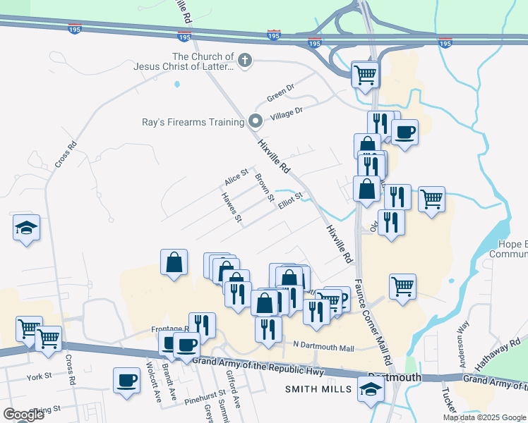 map of restaurants, bars, coffee shops, grocery stores, and more near 31 Elliot Street in Dartmouth