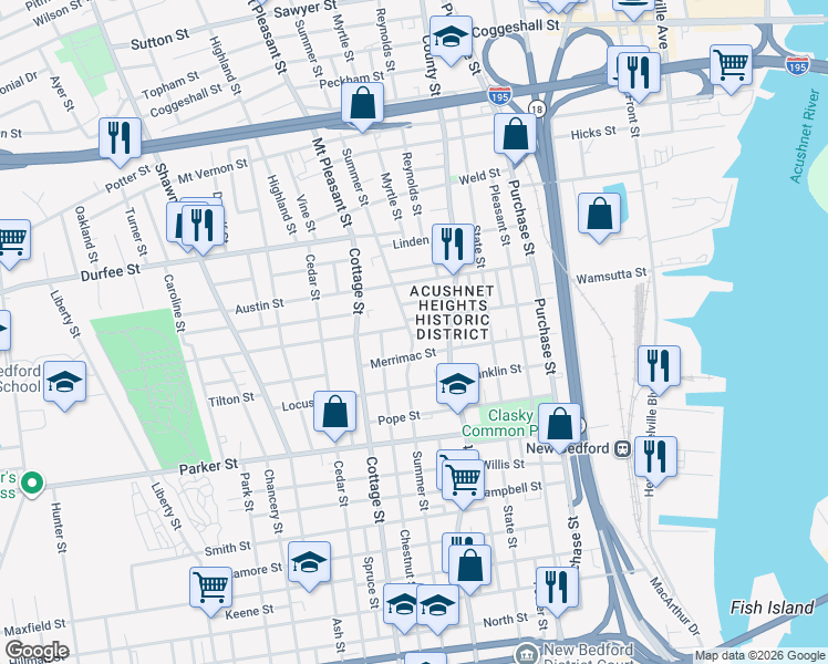 map of restaurants, bars, coffee shops, grocery stores, and more near 340 Summer Street in New Bedford