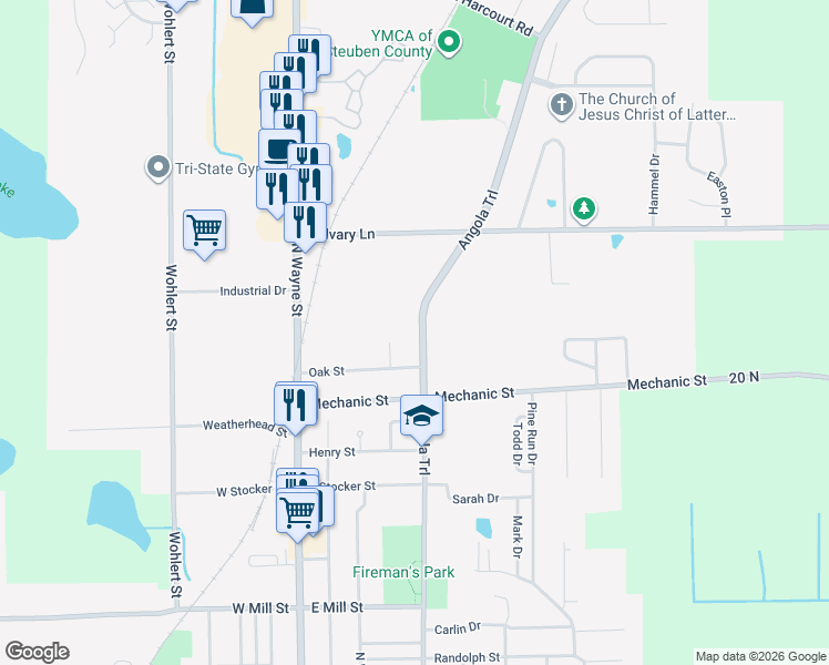 map of restaurants, bars, coffee shops, grocery stores, and more near 1000-1008 Williams Street in Angola
