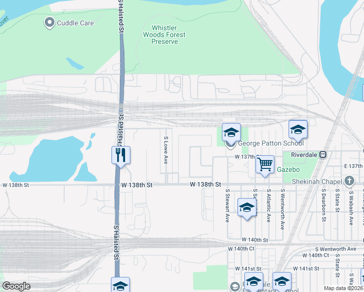 map of restaurants, bars, coffee shops, grocery stores, and more near 13637 South Wallace Avenue in Riverdale