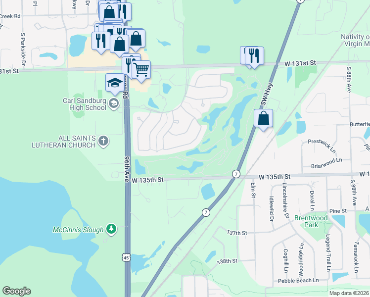 map of restaurants, bars, coffee shops, grocery stores, and more near 9362 Dunmurry Drive in Orland Park