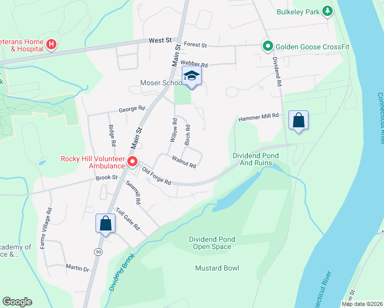 map of restaurants, bars, coffee shops, grocery stores, and more near 76 Walnut Road in Rocky Hill
