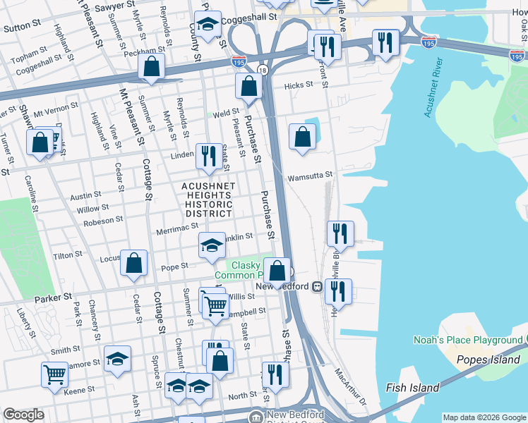map of restaurants, bars, coffee shops, grocery stores, and more near 1272 Pleasant Street in New Bedford