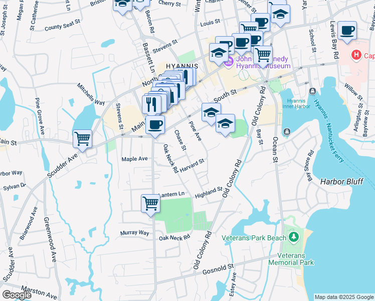 map of restaurants, bars, coffee shops, grocery stores, and more near 64 Chase Street in Barnstable
