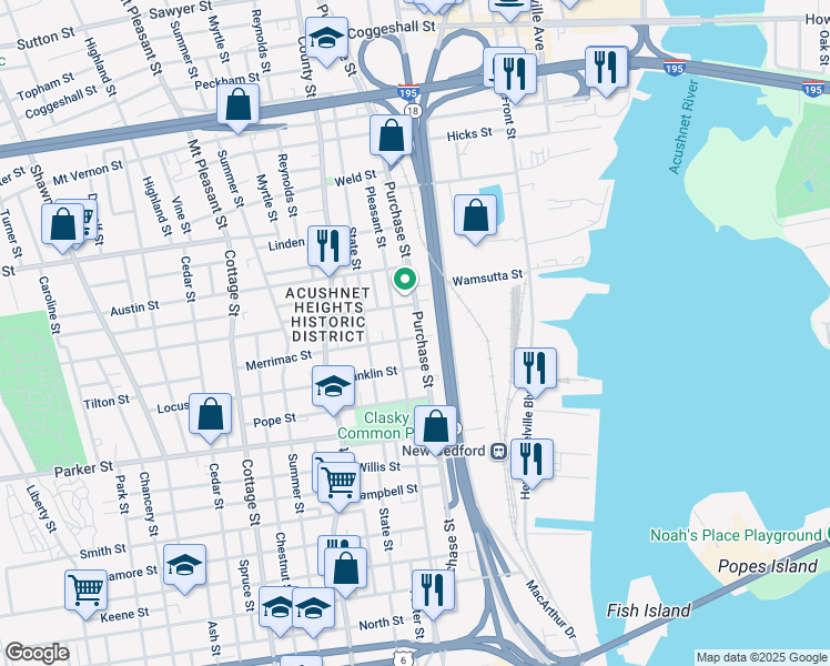 map of restaurants, bars, coffee shops, grocery stores, and more near in New Bedford