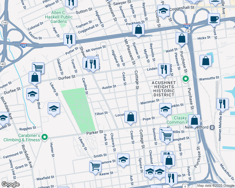 map of restaurants, bars, coffee shops, grocery stores, and more near 65-67 Willow Street in New Bedford