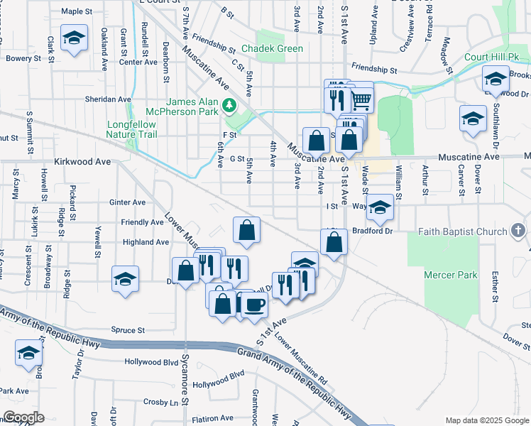 map of restaurants, bars, coffee shops, grocery stores, and more near 1122 5th Avenue in Iowa City