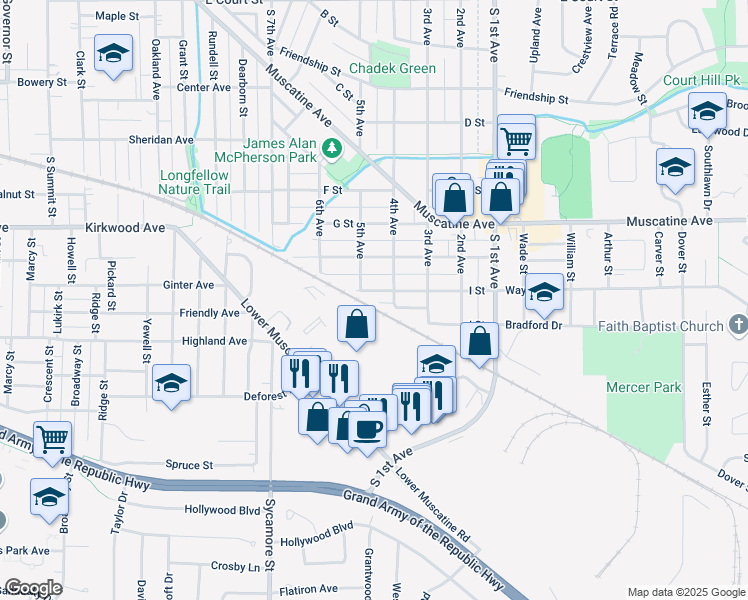 map of restaurants, bars, coffee shops, grocery stores, and more near 1122 5th Avenue in Iowa City