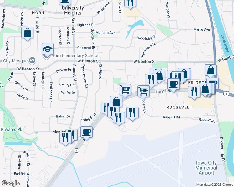 map of restaurants, bars, coffee shops, grocery stores, and more near 401 Hawk Ridge Road in Iowa City
