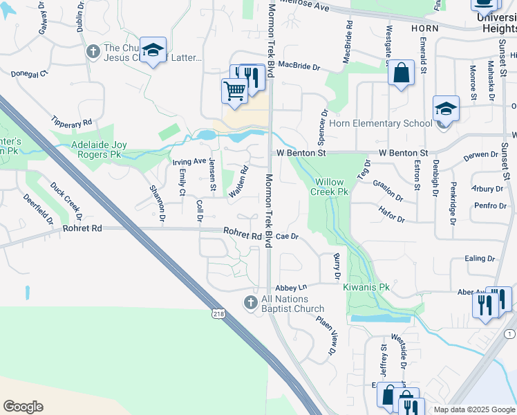 map of restaurants, bars, coffee shops, grocery stores, and more near 1121 Mormon Trek Boulevard in Iowa City