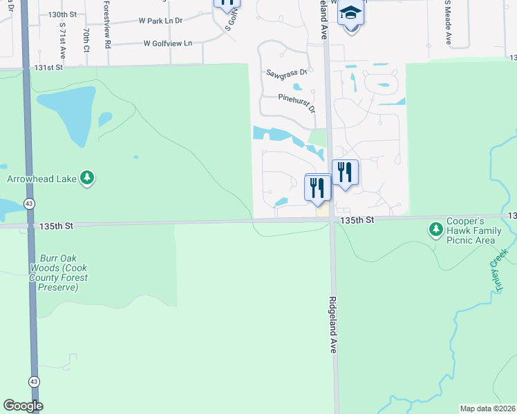 map of restaurants, bars, coffee shops, grocery stores, and more near 31 Spyglass Circle in Palos Heights