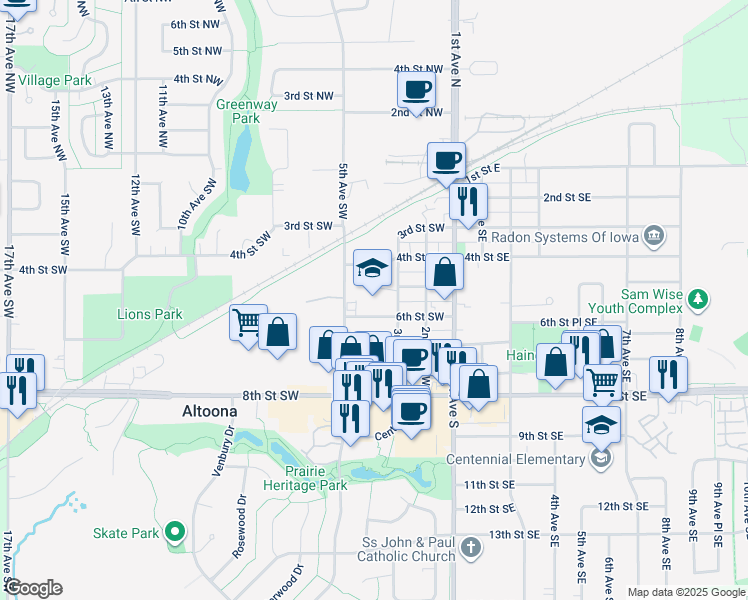 map of restaurants, bars, coffee shops, grocery stores, and more near 301 6th Street Southwest in Altoona