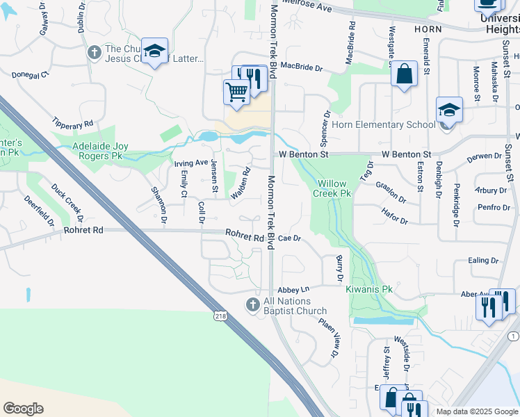 map of restaurants, bars, coffee shops, grocery stores, and more near 1121 Mormon Trek Boulevard in Iowa City