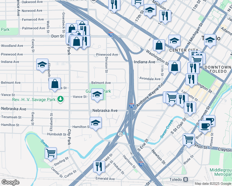 map of restaurants, bars, coffee shops, grocery stores, and more near 400 Nebraska Avenue in Toledo