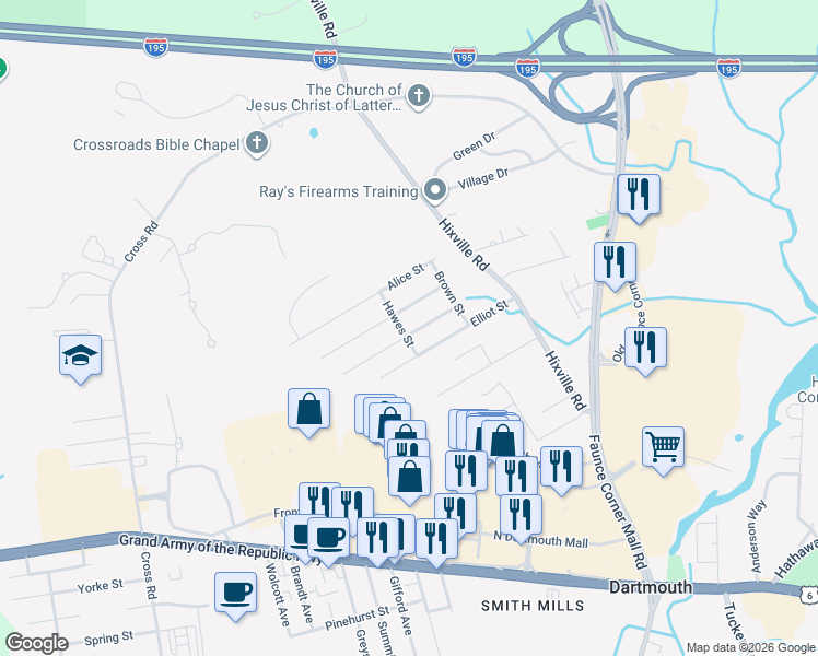 map of restaurants, bars, coffee shops, grocery stores, and more near 36 Eleanor Street in Dartmouth
