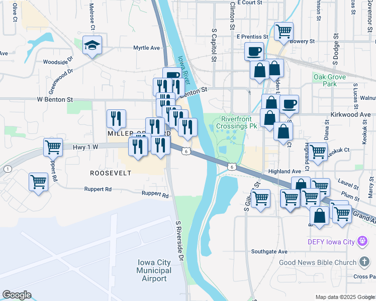 map of restaurants, bars, coffee shops, grocery stores, and more near 66 Grand Army of the Republic Highway in Iowa City