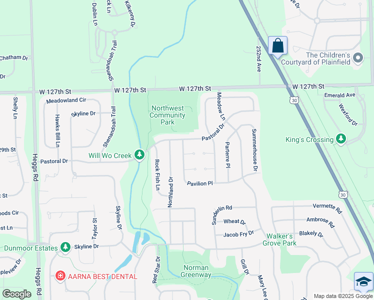 map of restaurants, bars, coffee shops, grocery stores, and more near 25427 Pastoral Drive in Plainfield