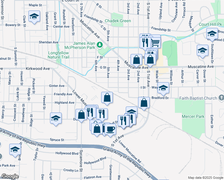 map of restaurants, bars, coffee shops, grocery stores, and more near 1122 5th Avenue in Iowa City