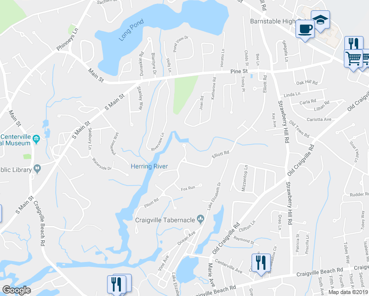 map of restaurants, bars, coffee shops, grocery stores, and more near 38 Broken Dike Way in Barnstable