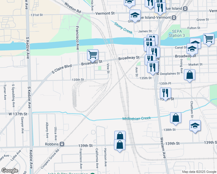 map of restaurants, bars, coffee shops, grocery stores, and more near 2749 135th Street in Blue Island