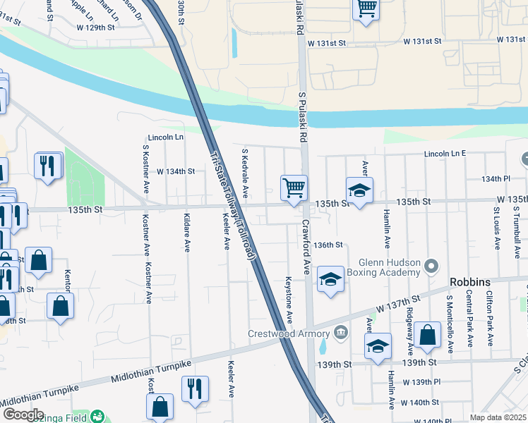 map of restaurants, bars, coffee shops, grocery stores, and more near 4116 West 135th Street in Robbins