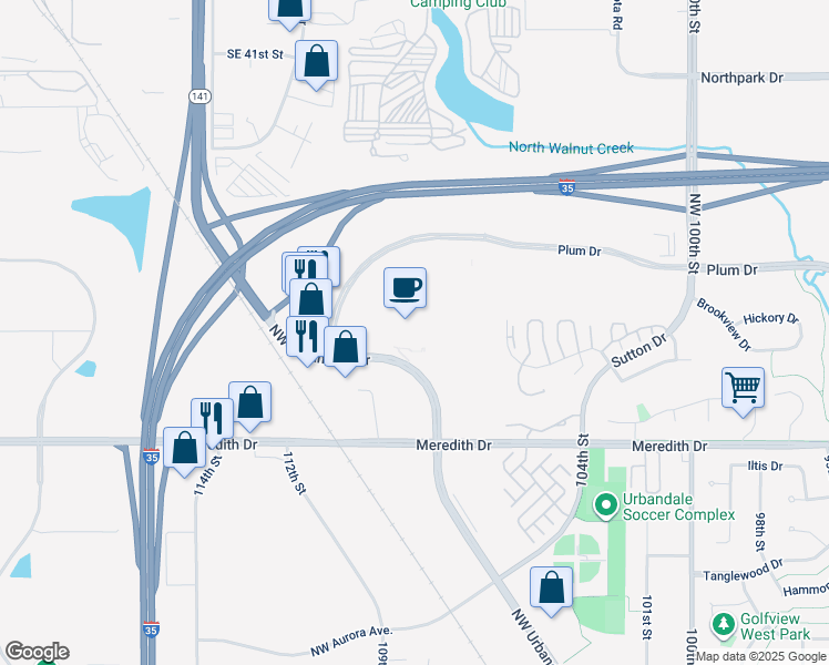 map of restaurants, bars, coffee shops, grocery stores, and more near 11148 Plum Drive in Urbandale