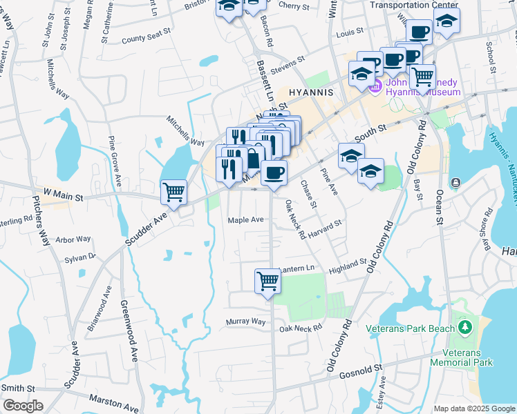 map of restaurants, bars, coffee shops, grocery stores, and more near 67 Sea Street in Barnstable