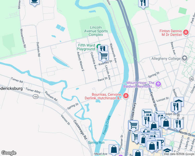 map of restaurants, bars, coffee shops, grocery stores, and more near 100-148 Columbia Avenue in Meadville