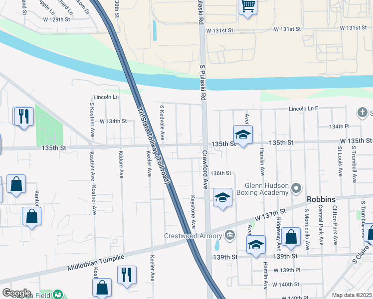 map of restaurants, bars, coffee shops, grocery stores, and more near 4105 West 135th Street in Robbins