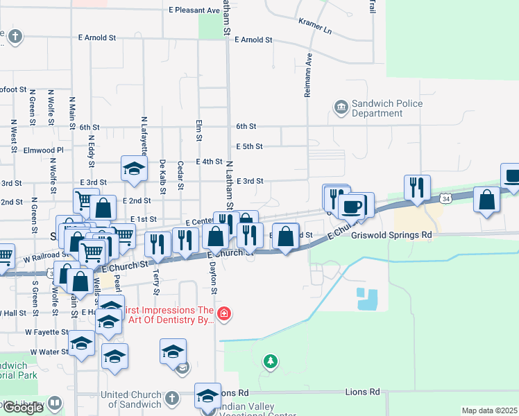 map of restaurants, bars, coffee shops, grocery stores, and more near 1010 East 3rd Street in Sandwich