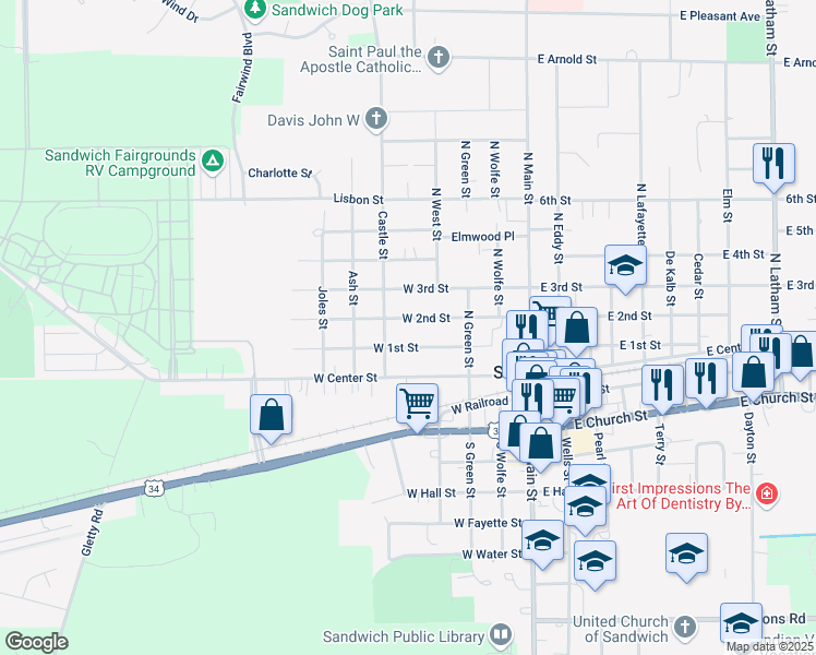 map of restaurants, bars, coffee shops, grocery stores, and more near 315 West 2nd Street in Sandwich