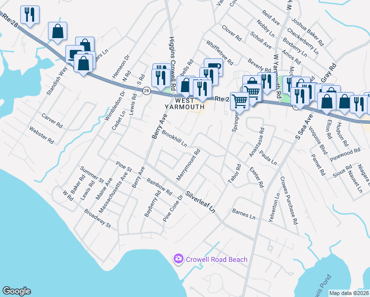 map of restaurants, bars, coffee shops, grocery stores, and more near 5 Cheshire Road in Yarmouth