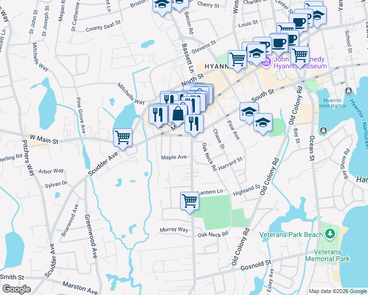 map of restaurants, bars, coffee shops, grocery stores, and more near 67 Sea Street in Barnstable