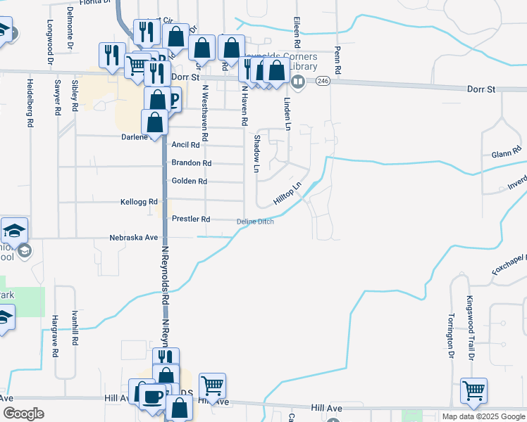 map of restaurants, bars, coffee shops, grocery stores, and more near 728 Hilltop Lane in Toledo