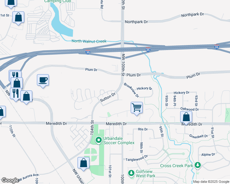 map of restaurants, bars, coffee shops, grocery stores, and more near 10101 Sutton Drive in Urbandale